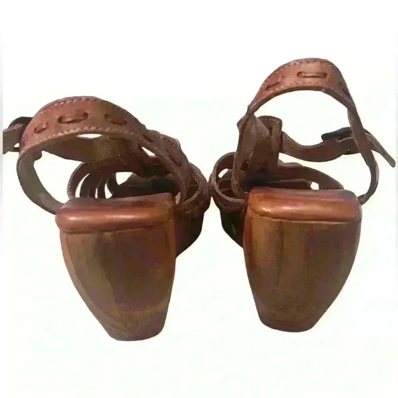 Bed Stu Woven Sling Back Brown Leather Wooden Wedge Sandals Women Sz 8 - Picture 4 of 7